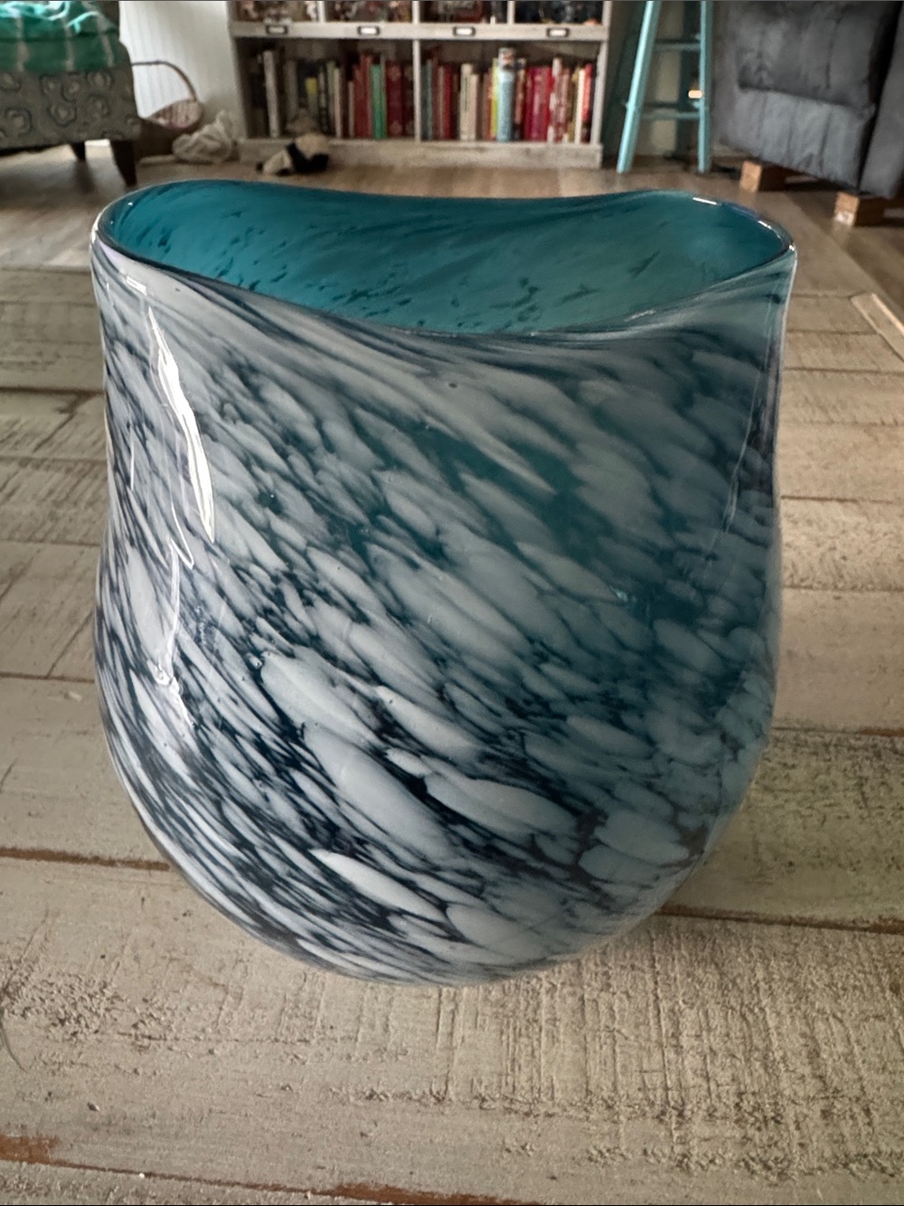 Handblown Teal and White Swirl Glass Art Vase